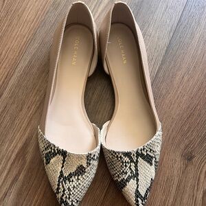 Cole Haan Beige Pointed Flats with Snake-Print Toe